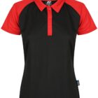 Black polo shirt with red collar and sleeves, three buttons, and short sleeves.