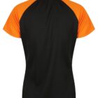 Back view of a short-sleeve black shirt with orange sleeves and collar.