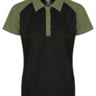 Short-sleeve collared polo shirt with black body and olive green sleeves and collar.