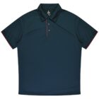 A dark green polo shirt with short sleeves and a three-button collar. The shirt features subtle red trim along the collar and sleeve edges. The fabric appears smooth and lightweight.