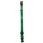 Green adjustable dog collar with a repeating pattern of white paw prints. The collar features a black plastic buckle and a silver D-ring for attaching a leash.
