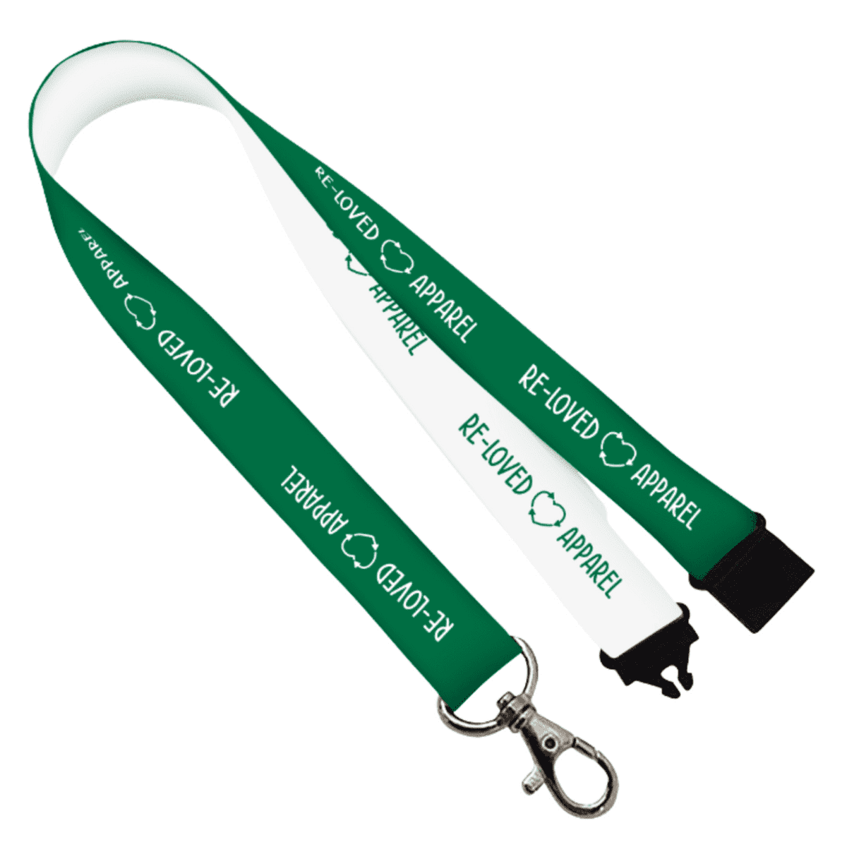 A green and white lanyard with RE-LOVED APPAREL and a recycling symbol printed on it. It features a metal clip and a detachable black plastic buckle.