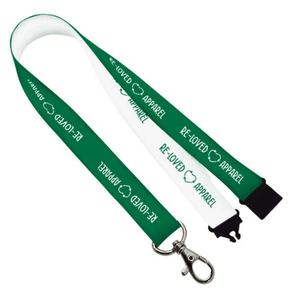 A green and white lanyard with the text RE-LOVED APPAREL and a recycling symbol repeated along its length. The lanyard has a metal swivel hook and a black plastic buckle attachment.