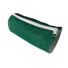 A green cylindrical pencil case with white cloud patterns and a white zipper.