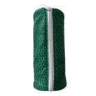 A cylindrical green pouch with a white zipper running vertically down the center. The fabric features a pattern of small, white, abstract shapes resembling flowers or clouds.