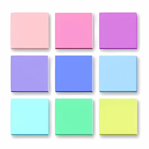 75 x 70mm coloured sticky notes create a vibrant 3x3 grid on a pristine white background.