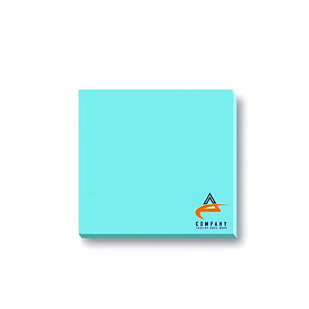 Teal 75 x 70mm sticky note with a colorful logo in the bottom right corner.