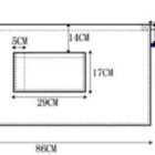 Technical drawing of a short waist apron design. The apron measures 86cm wide by 50cm tall with a 29cm wide pocket at the center. It includes dimensions and features such as 65% poly/35% cotton fabric, 280gsm twill fabric, and a hanging loop.