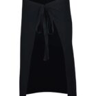 A black wrap skirt featuring an open front design with a tie closure at the waist. The skirt is knee-length and has a sleek, minimalistic style, ideal for versatile fashion looks.