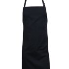 A black apron with an adjustable neck strap and two front pockets, displayed against a white background.