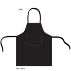 Black kitchen apron with a neck strap and two waist ties. Features a front pocket. The dimensions are 70 cm in width and 85.5 cm in height.