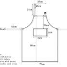 Diagram of a bib apron with measurements. Length is 86cm, width 70cm. Features include adjustable neck strap and front pocket. Fabric: 65% polyester, 35% cotton, 280g/m² twill. Pocket size: 29cm x 20cm. Ties 83cm long. Neck loop is 74cm long.