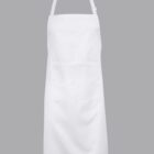 A plain white apron with an adjustable neck strap and a large front pocket against a gray background. The apron is designed for cooking or crafting purposes.