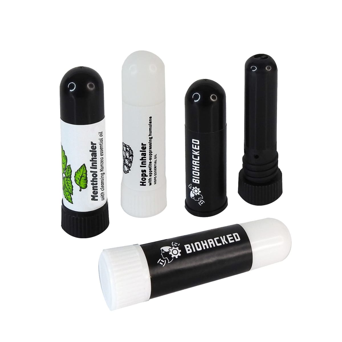 Five cylindrical inhaler sticks, some labeled BIOHACKED, in black and white colors.