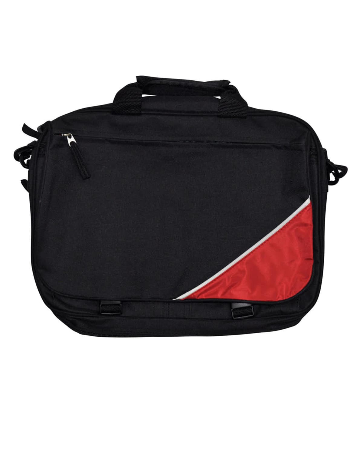 A black laptop bag with a red and white diagonal accent on the front. It has a top handle and a side pocket with a zipper.