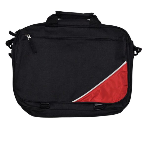 Black laptop bag with a red and white diagonal accent on the front. It features dual handles, a zippered front pocket, and a shoulder strap.