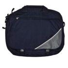 A black laptop bag with a top handle and zippered compartments. The front features a triangular panel with a gray reflective strip on the bottom right corner.