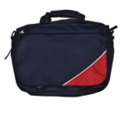 A navy blue briefcase with a diagonal red and white accent on the front. It has a handle and zippers on the side.