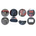 A series of eight circular images showcasing various parts of a backpack, including zippers, buckles, a clip with keys, a handle, and an interior pocket with a label. The backpack is red and black with several compartments.