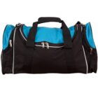 A black and blue duffel bag with white piping. It has a main zip compartment, side pockets, and sturdy black handles.