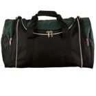 A black and green duffle bag with white piping and multiple zippered compartments. It features two short handles and a detachable shoulder strap.