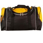 A black and yellow duffel bag with a rounded top and sturdy handles. The bag features zippered compartments and side pockets, and has white piping accents. It is shown against a white background.