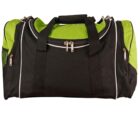A black and green duffel bag with multiple zippers and black handles. The bag features side pockets and white trim along the top. The background is plain white.