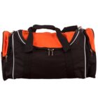 A black and orange duffel bag with black straps and white piping. The bag has zipper compartments on the front and sides, with handles on top for carrying.