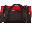 A black and red duffel bag shown against a white background. The bag has two sturdy black handles, a zippered main compartment, and zippered side pockets. The design is simple with contrasting colors for a sporty look.