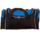 A black and blue duffel bag with multiple compartments and a handle on top. The bag features a zipper closure and white piping accents.