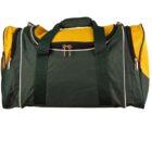 A green and yellow duffel bag with two black handles and a zipper closure. The bag appears sturdy and spacious, suitable for travel or sports.