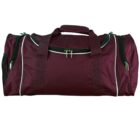 A maroon duffel bag with white piping and black zipper accents. It has a cylindrical shape with two handles and a shoulder strap. The bag features zippered compartments on the sides and top.