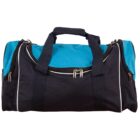 A black and turquoise duffel bag with black handles and zippers. The main compartment is turquoise, while the rest of the bag is black with white piping accents.