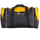 A spacious duffle bag with a yellow and black color scheme, featuring a large main compartment secured by zippers, two sturdy black straps for carrying, and multiple side pockets for extra storage.
