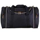 Black duffel bag with white piping and multiple zippered compartments. The bag has dual handles on top, a detachable shoulder strap, and a large main compartment with a double zipper closure.