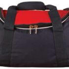 A large duffel bag with a red top and dark blue sides. It features multiple black straps and white piping along the edges, with several zippers visible.