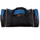 A blue and black duffel bag with a zipper closure and two black handles. The bag features small side compartments with zippers and a mesh pocket on one side.