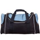 A black and light blue duffel bag with multiple zippered compartments. The bag features a main handle and adjustable shoulder straps.