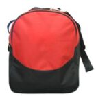 A two-tone backpack with a red top and a black bottom. It has a black adjustable strap and a rounded shape, set against a white background.