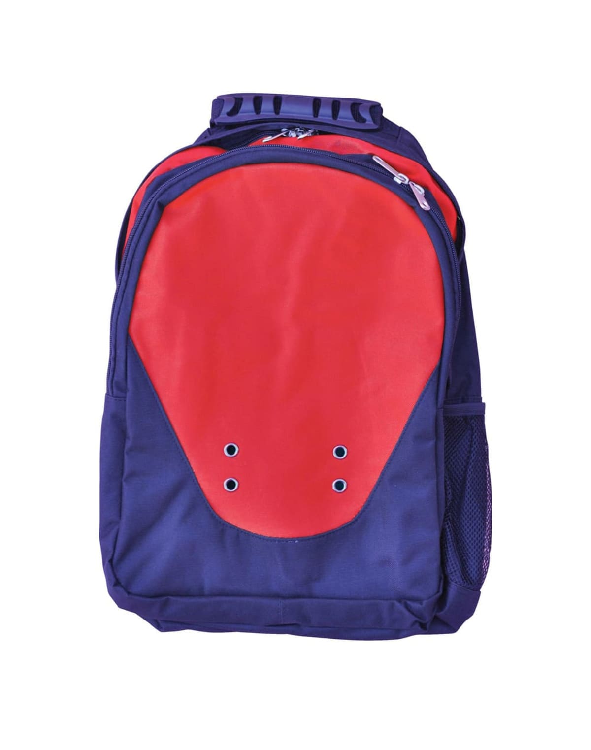 A backpack with a red front panel and navy blue sides and back. It features black zippers, two small holes on the red section, and a mesh pocket on one side. The top has a patterned handle.