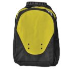 A backpack with a bright yellow front panel and black sides, featuring two small holes on the yellow section. The bag has a zippered top compartment and a mesh pocket on one side.