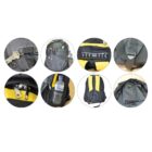 Collage of eight circular images showing different parts of a black and yellow backpack, including zippers, buckles, pockets, straps, and a side compartment with a water bottle.