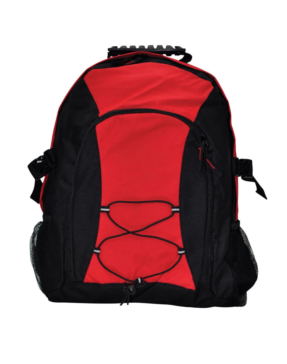 A red and black backpack with a front pocket featuring a crisscrossed elastic cord. It has side mesh pockets and adjustable shoulder straps, suitable for carrying books or sports gear.