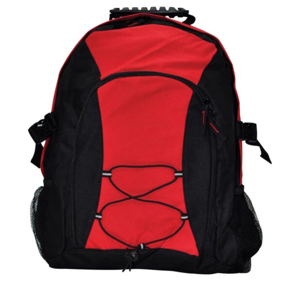 A red and black backpack with a large main compartment, side mesh pockets, and black straps. The front features a decorative crisscrossed bungee cord.