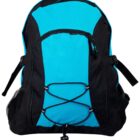 A turquoise and black backpack with a drawstring front pocket and mesh side pockets, featuring adjustable shoulder straps and a loop handle at the top.