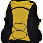 A yellow and black backpack with adjustable straps and elastic cord on the front. It has side mesh pockets and a padded handle on top, designed for school or travel use.