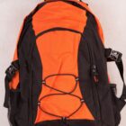 A bright orange and black backpack with multiple compartments and adjustable straps. It features a bungee cord on the front and mesh pockets on the sides.