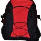 A black and red backpack with a front bungee cord design, zippered pocket, and side mesh pockets. It has adjustable straps and a top handle.