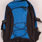 A blue and black backpack with a handle, zippered compartments, and side mesh pockets. It features adjustable shoulder straps, a front elastic cord, and sturdy plastic buckles.