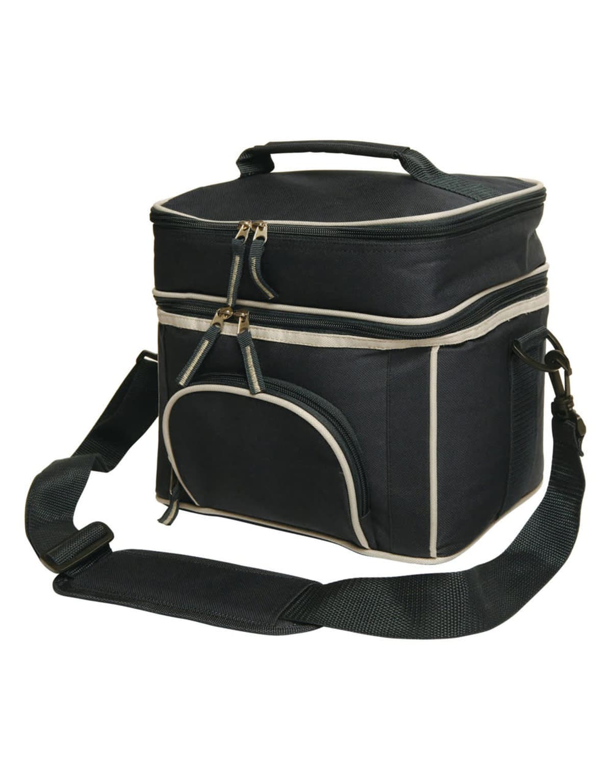 A black rectangular cooler bag with beige trim, featuring a top handle, a curved front pocket, and a detachable shoulder strap. The bag has dual zippers on both the main compartment and the front pocket.